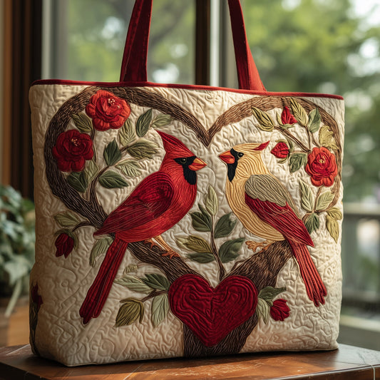 Cardinal Birds Roses Quilted Tote