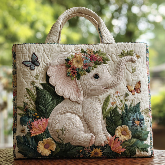 Baby Elephant Floral Crown Quilted Tote