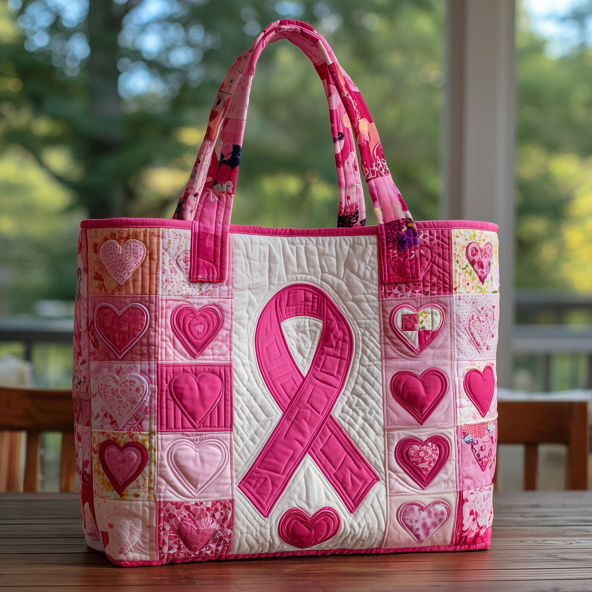 Pink Ribbon Hearts Quilted Tote
