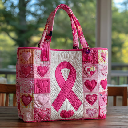 Pink Ribbon Hearts Quilted Tote
