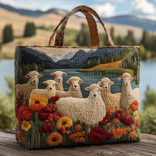 Sheep Pastoral Scene Quilted Tote