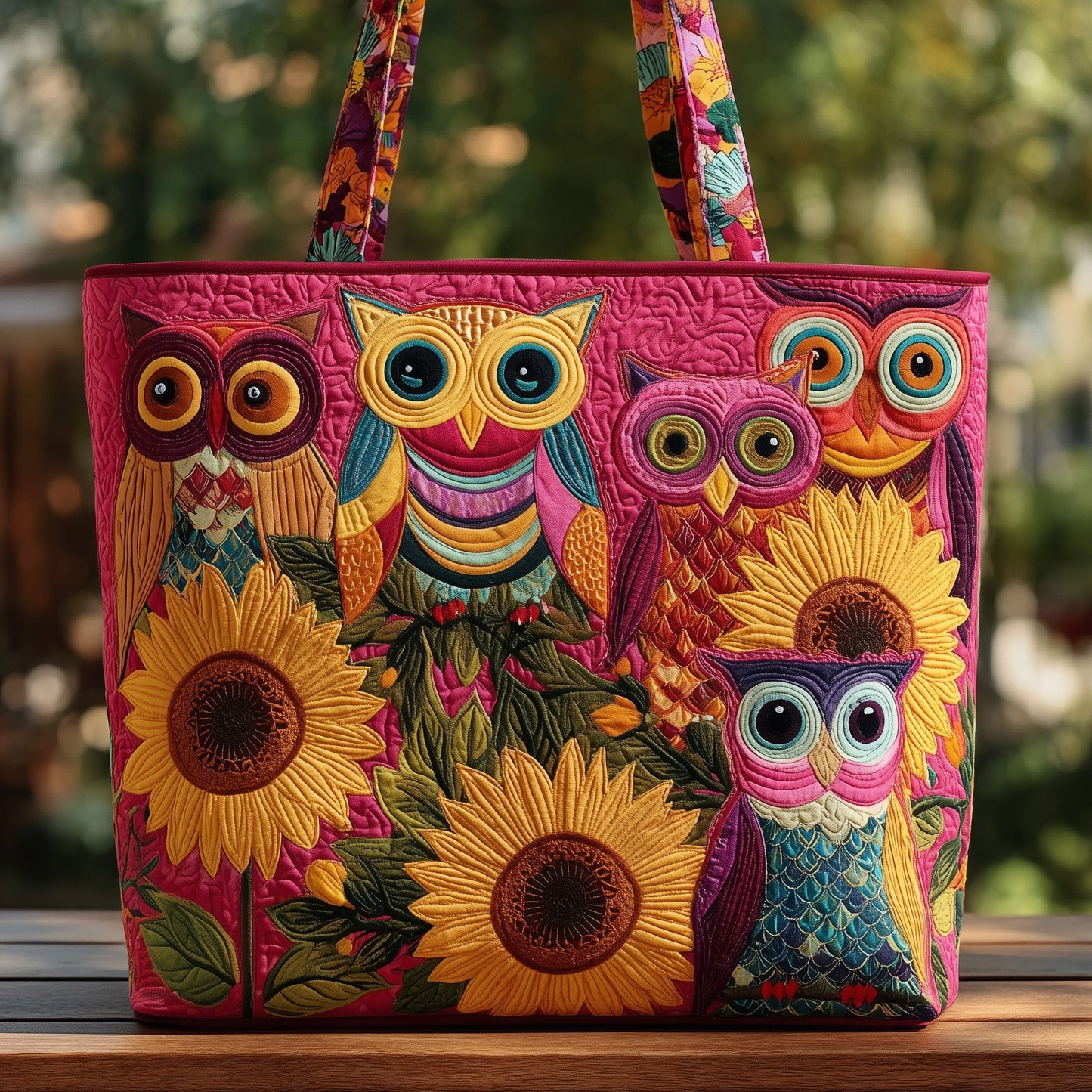 Colorful Owls Sunflowers Quilted Tote
