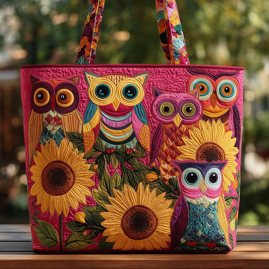 Colorful Owls Sunflowers Quilted Tote