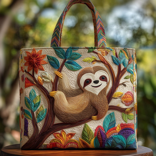 Smiling Sloth Forest Quilted Tote