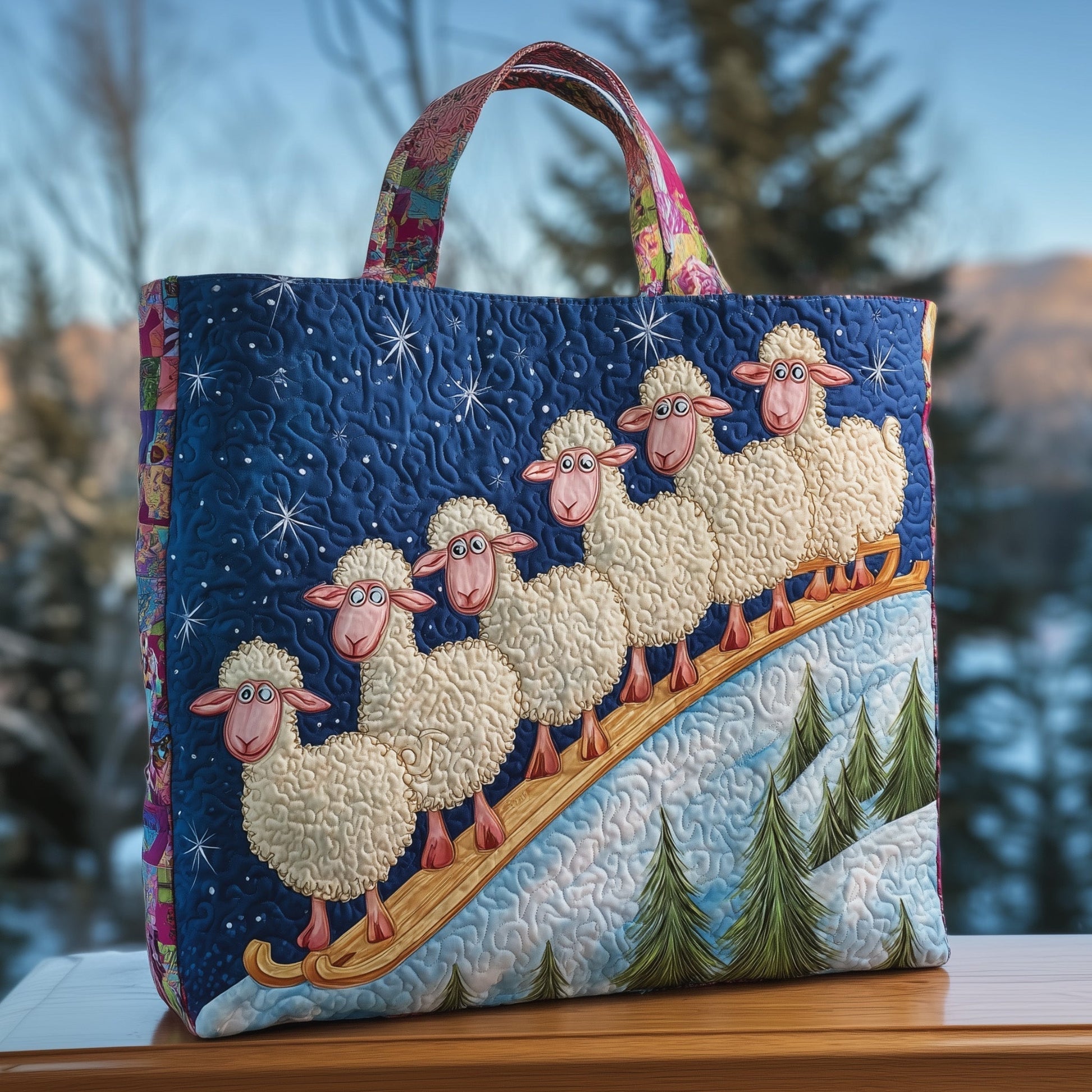 Sheep On Sled Quilted Tote
