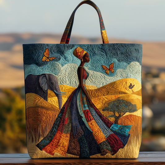 African Woman Elephants Quilted Tote