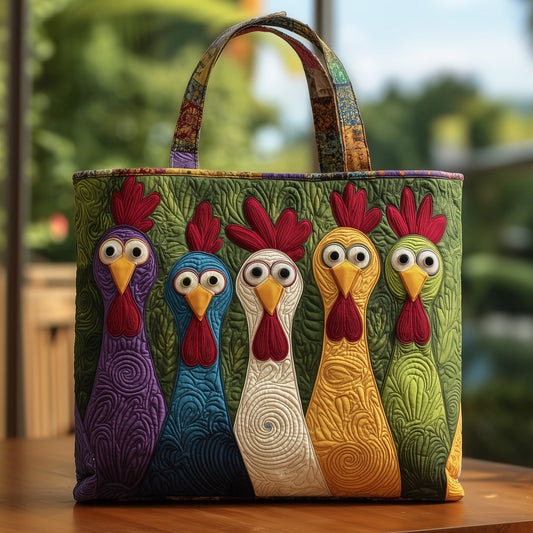 Colorful Chickens Farm Animals Quilted Tote