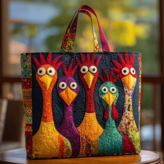 Colorful Chicken Faces Quilted Tote