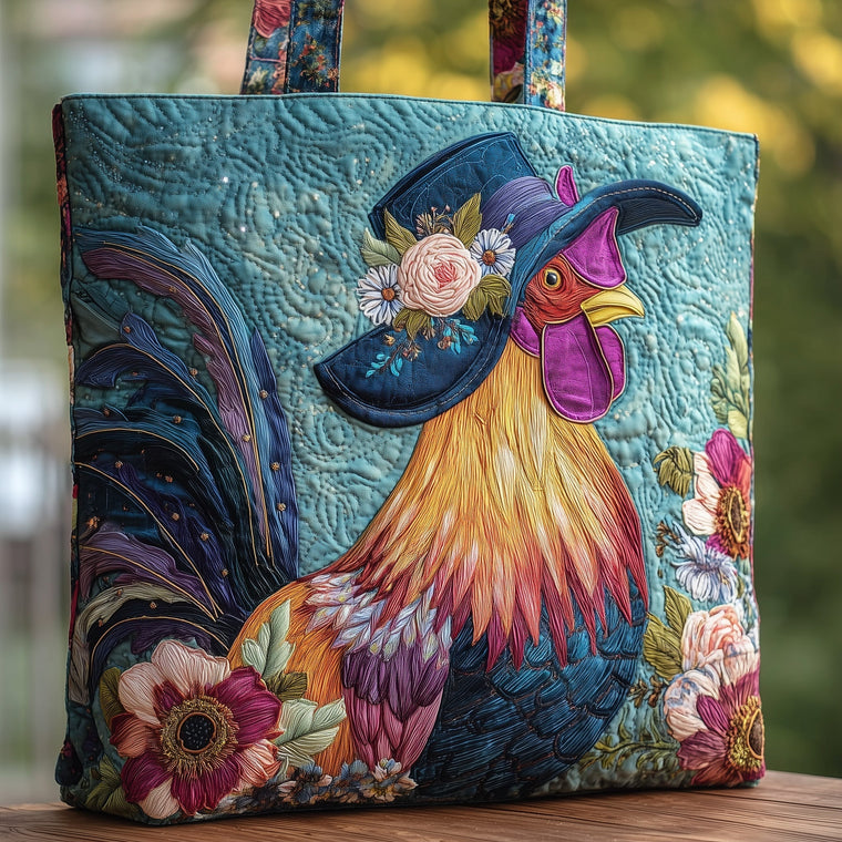 Rooster Floral Hat Quilted Tote