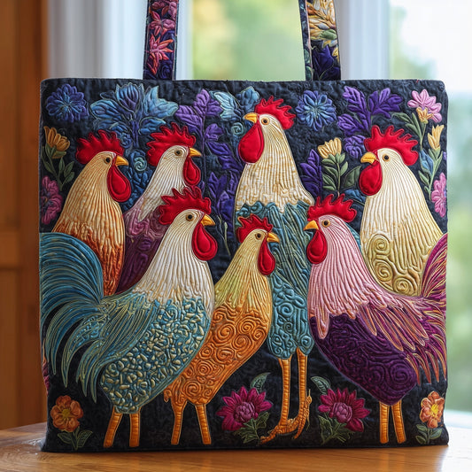 Colorful Roosters Hens Quilted Tote