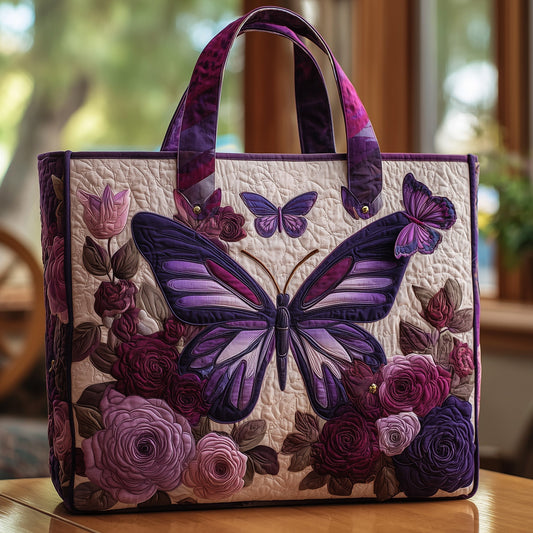 Purple Butterfly Flowers Quilted Tote