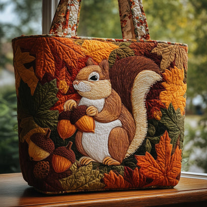 Squirrel Autumn Leaves Quilted Tote