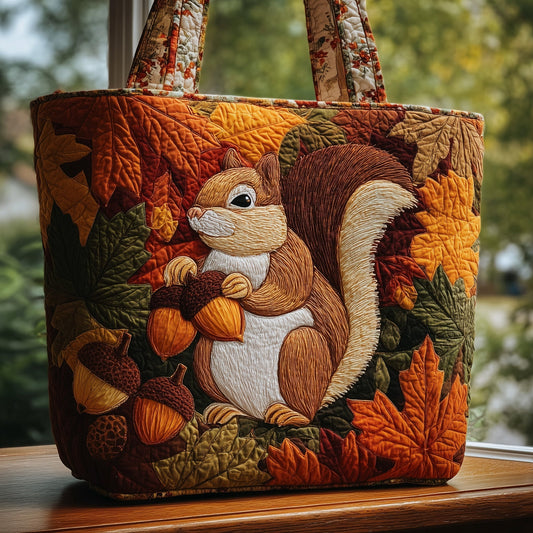 Squirrel Autumn Leaves Quilted Tote