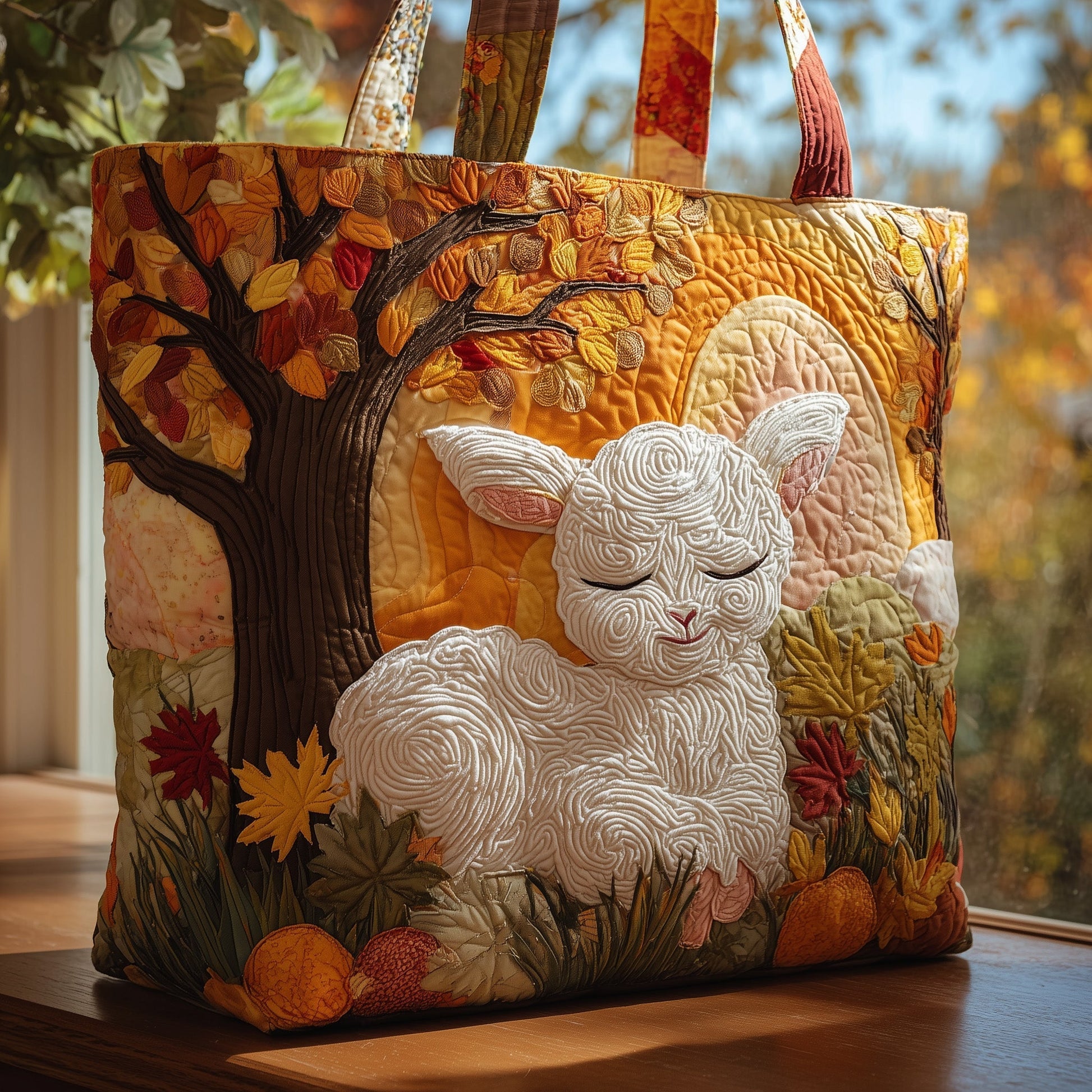 Lamb Autumn Leaves Quilted Tote