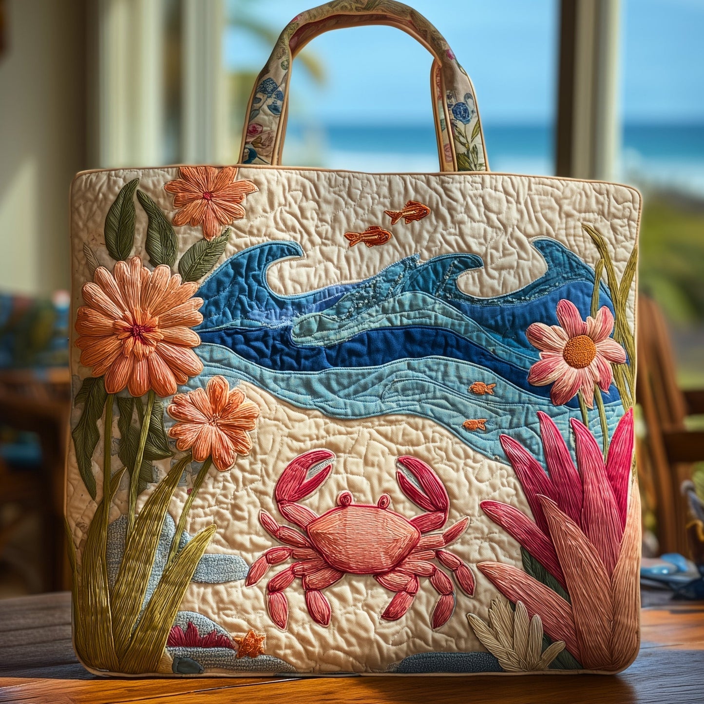 Beach Waves Crabs Quilted Tote