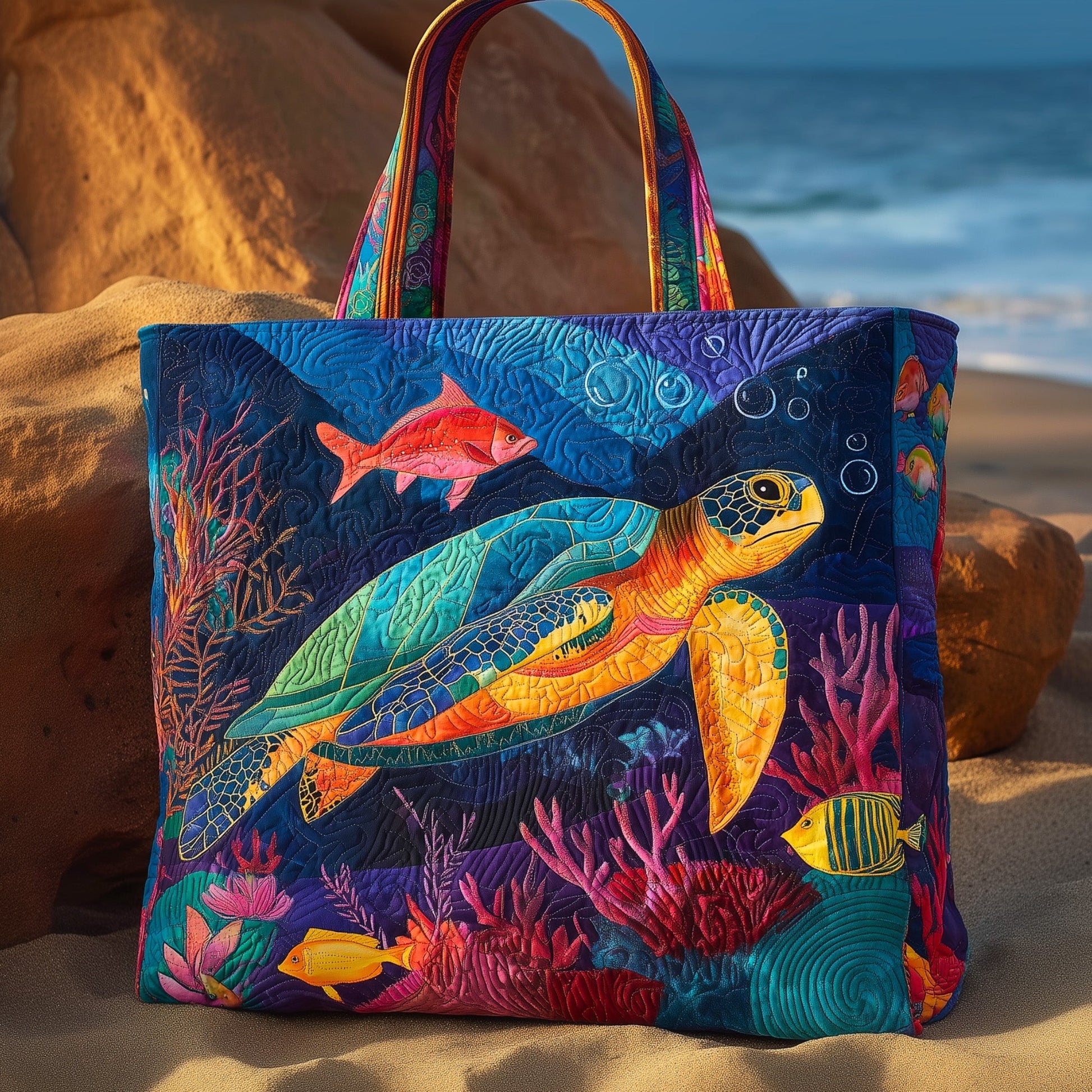 Sea Turtle Tropical Fish Quilted Tote