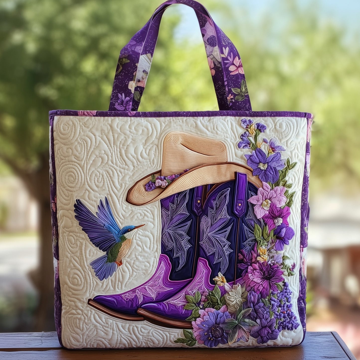 Cowboy Boots Flowers Quilted Tote