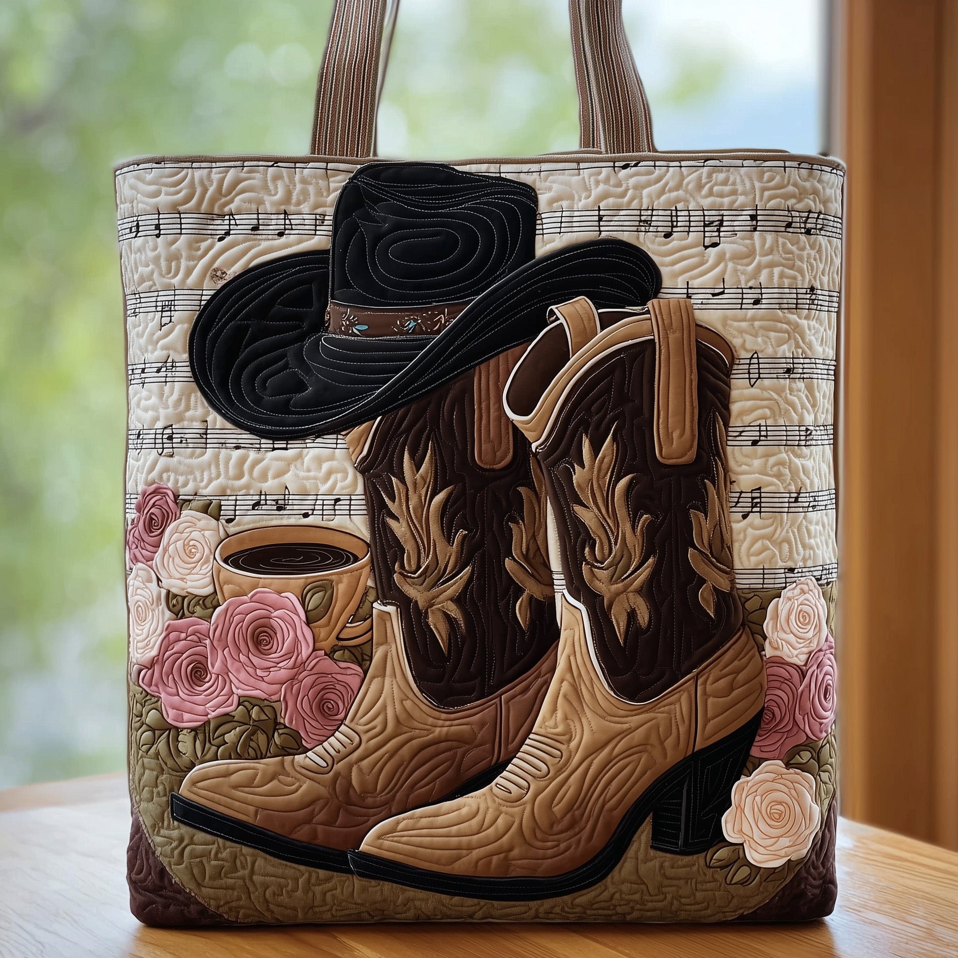 Cowboy Boots Roses Quilted Tote