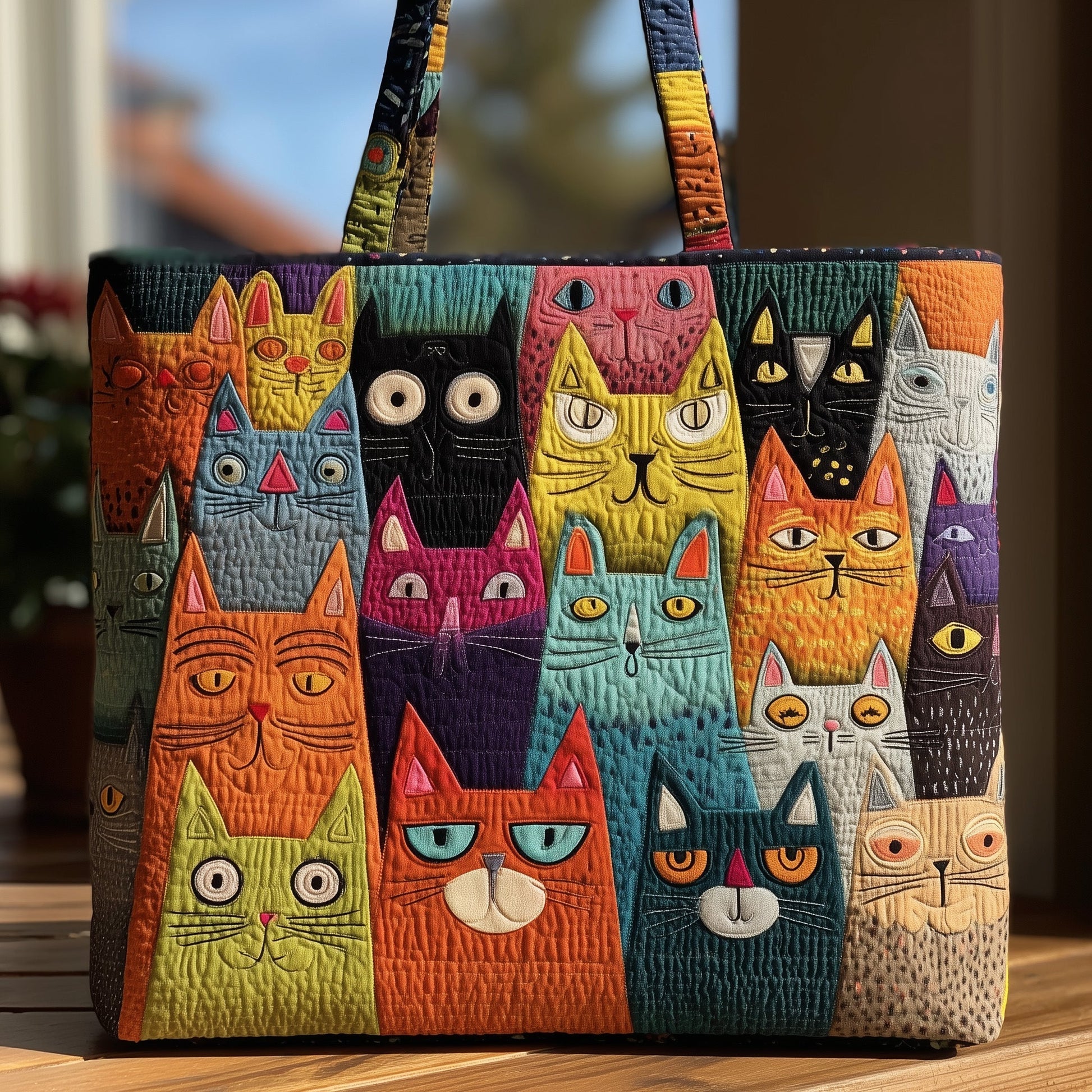 Colorful Cat Faces Quilted Tote