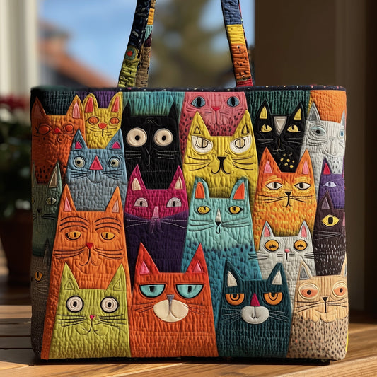 Colorful Cat Faces Quilted Tote