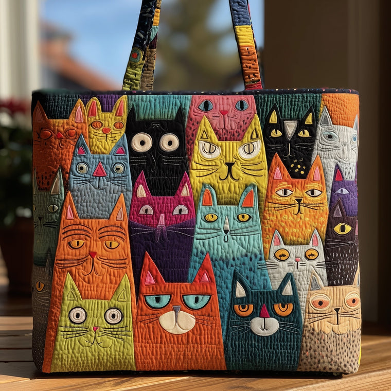 Colorful Cat Faces Quilted Tote