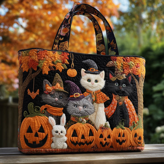 Halloween Cats Pumpkins Quilted Tote