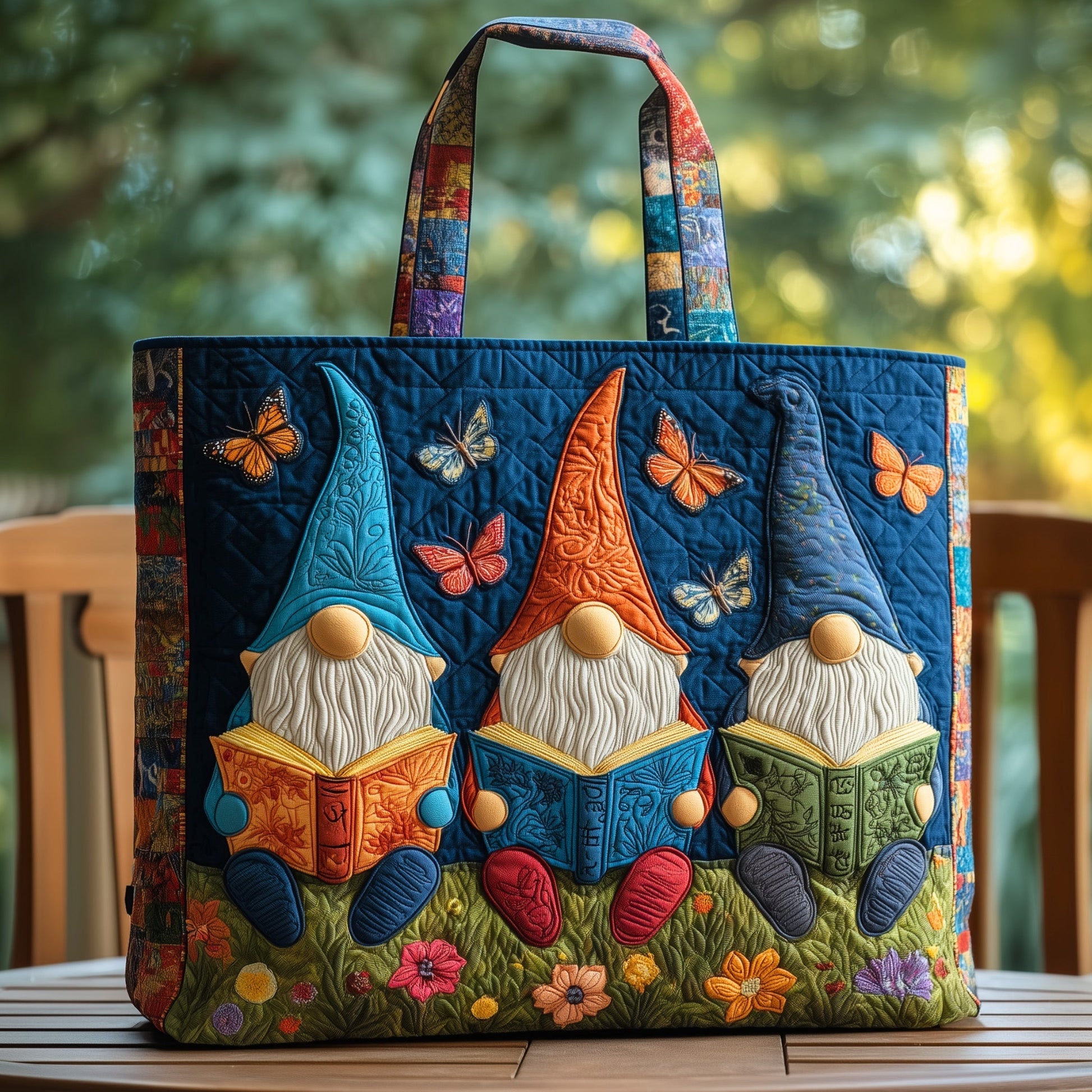 Gnomes Reading Books Quilted Tote