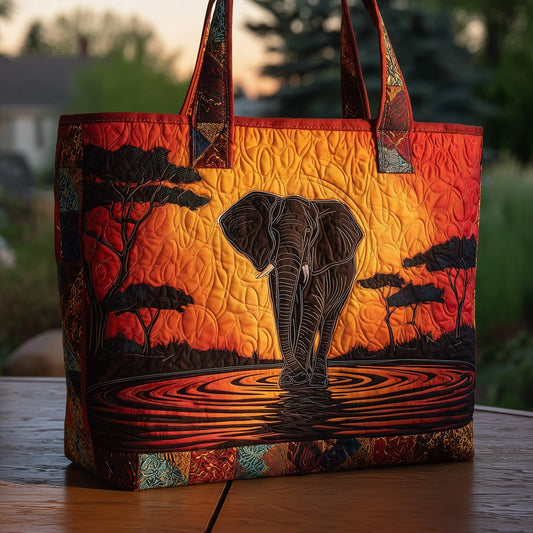 Elephant Sunset Scene Quilted Tote