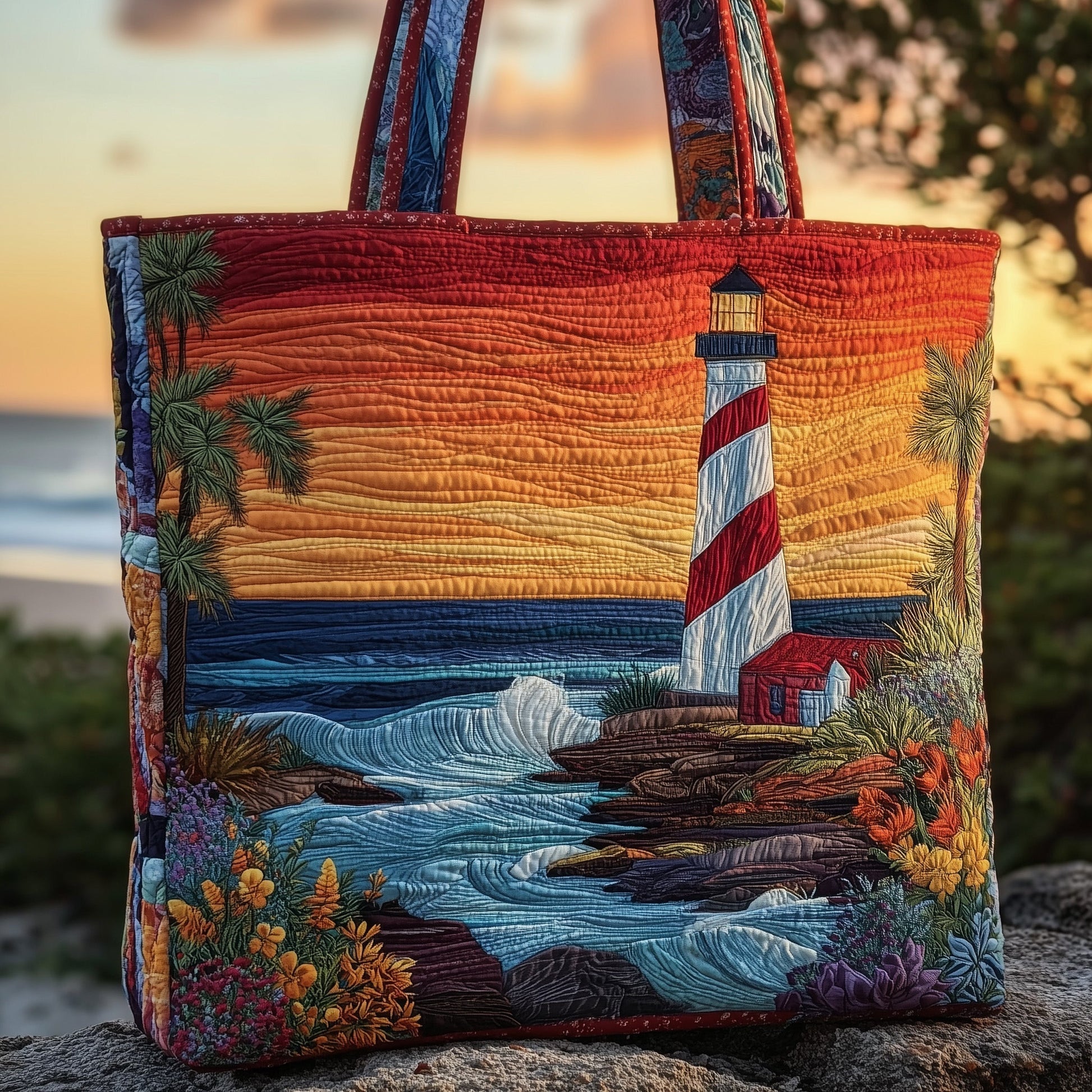 Lighthouse Ocean Sunset Quilted Tote