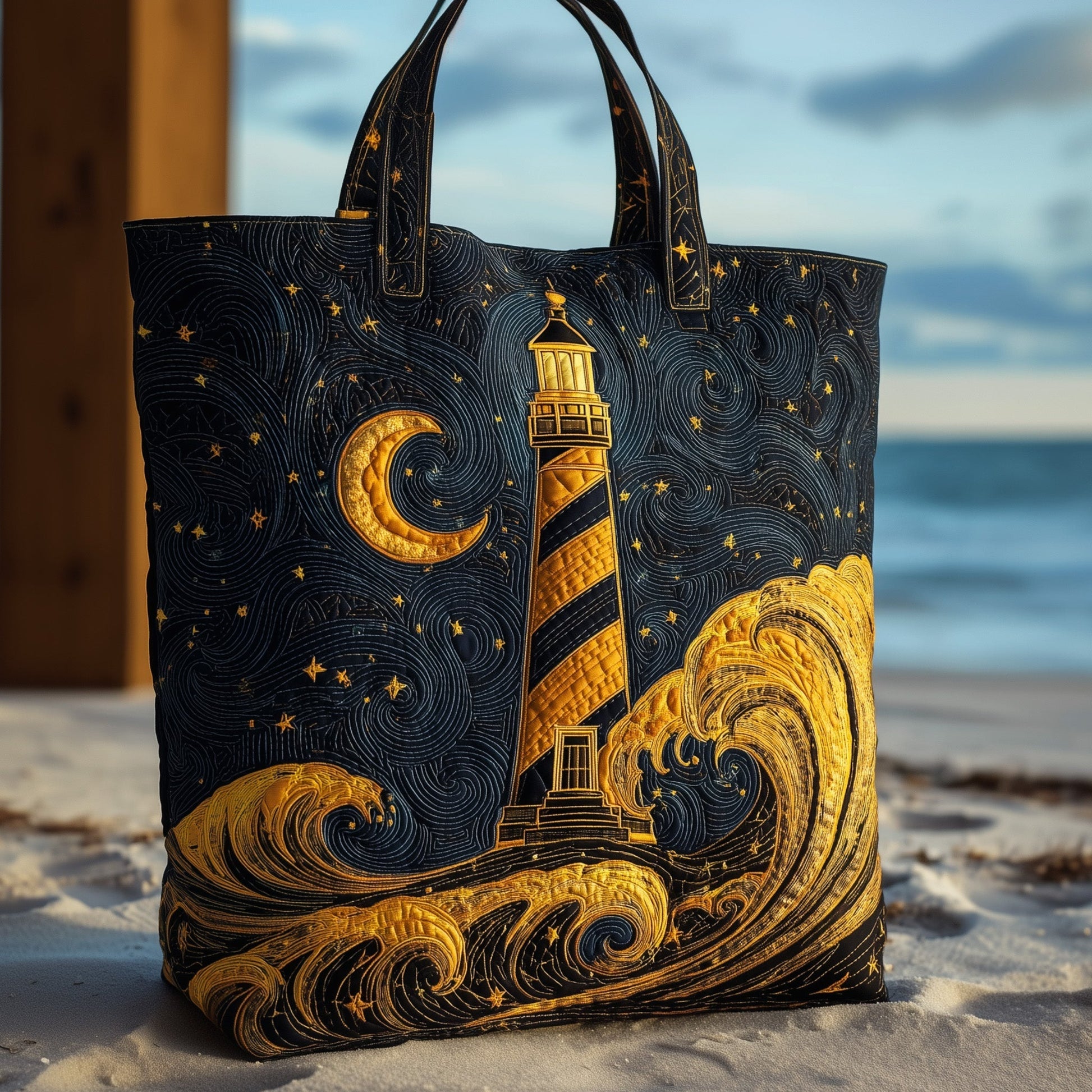Lighthouse Night Sky Quilted Tote