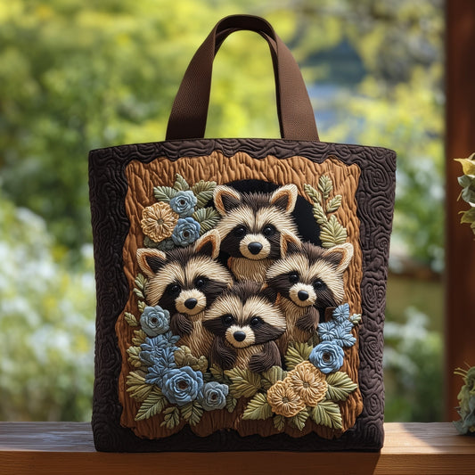 Raccoon Family Flowers Quilted Tote
