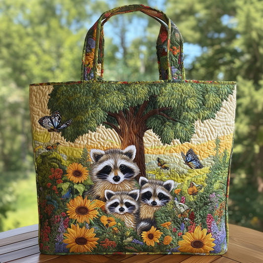 Everyday Raccoons Sunflowers Quilted Tote