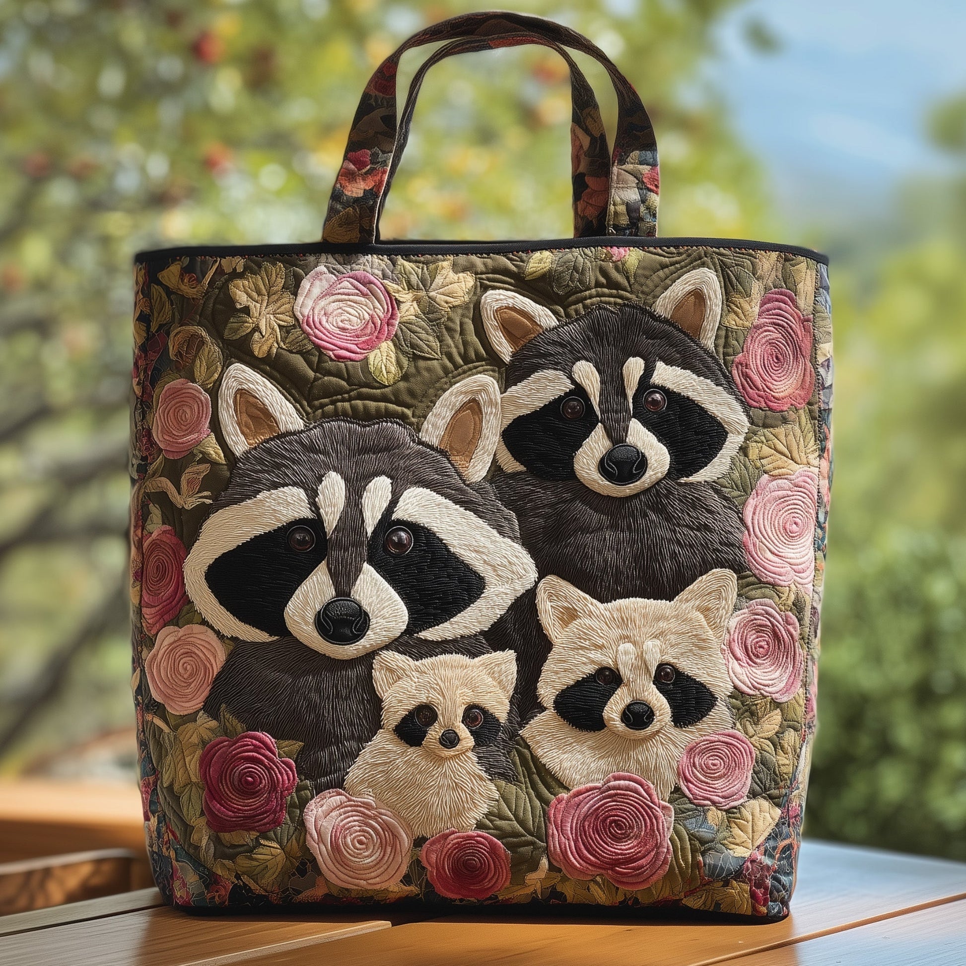 Everyday Raccoons Flowers Quilted Tote