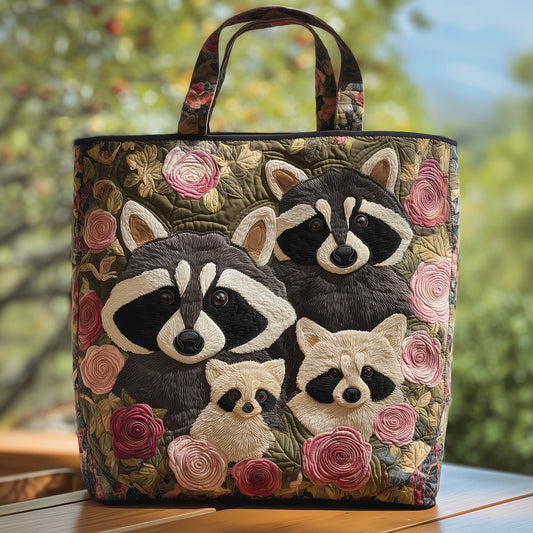 Everyday Raccoons Flowers Quilted Tote