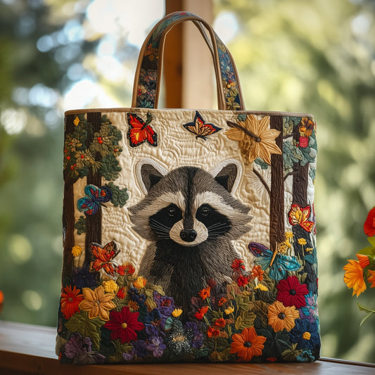 Everyday Raccoon Flowers Quilted Tote