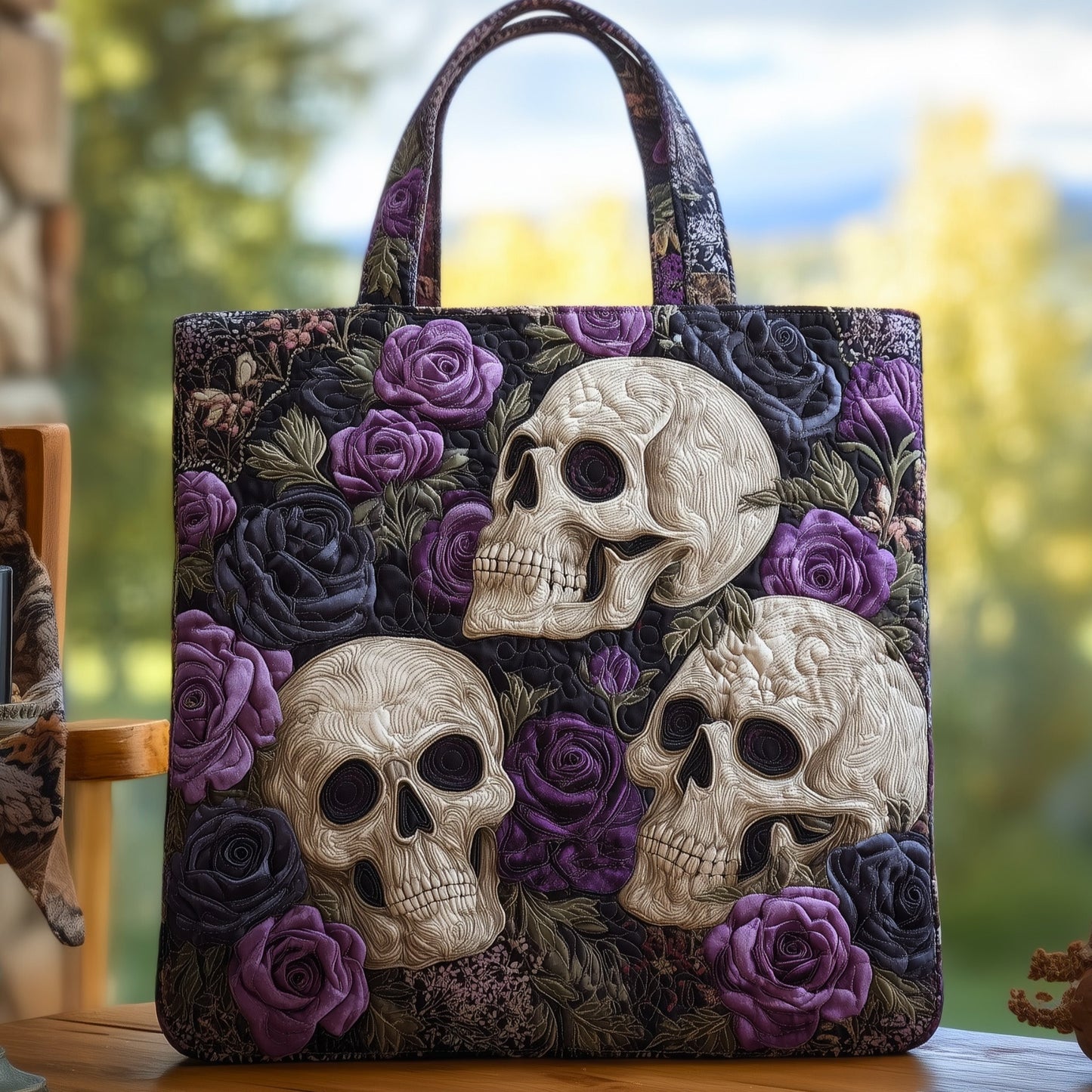 Skulls Purple Roses Quilted Tote