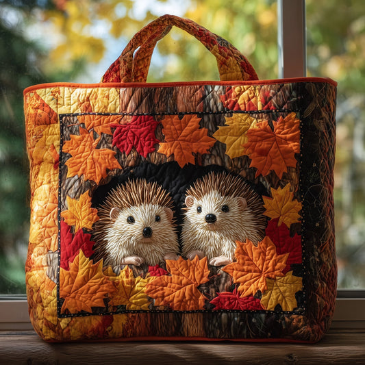 Two Hedgehogs Autumn Leaves Quilted Tote
