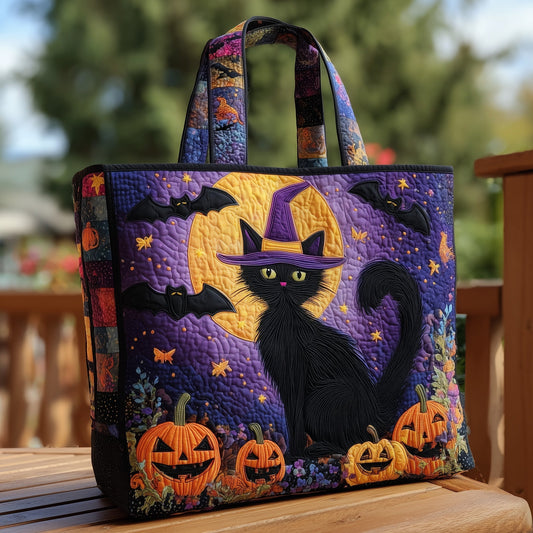Black Cat Pumpkin Halloween Quilted Tote