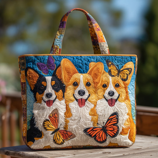 Corgi Dogs Butterflies Quilted Tote