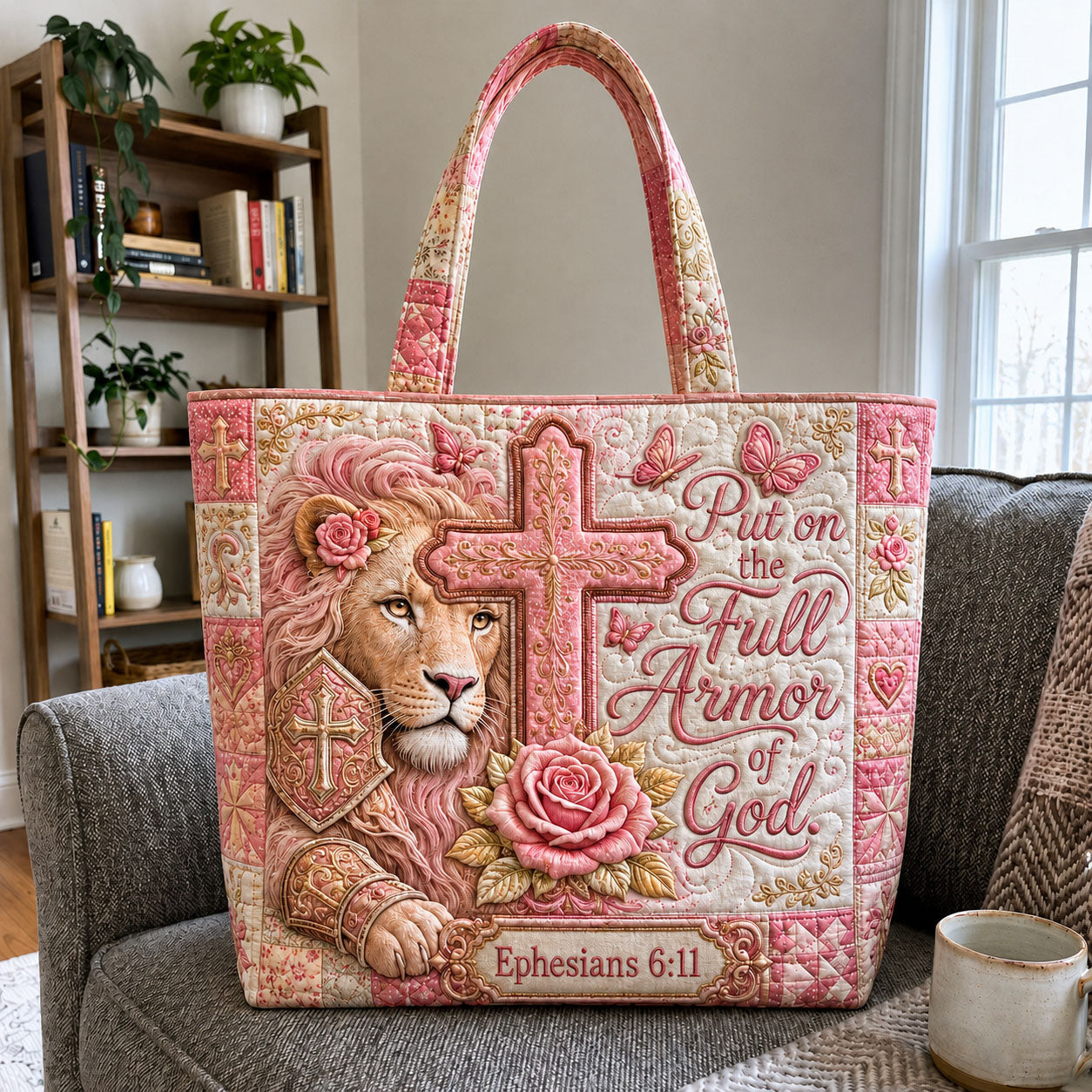 Lion Cross Rose Quilted Tote