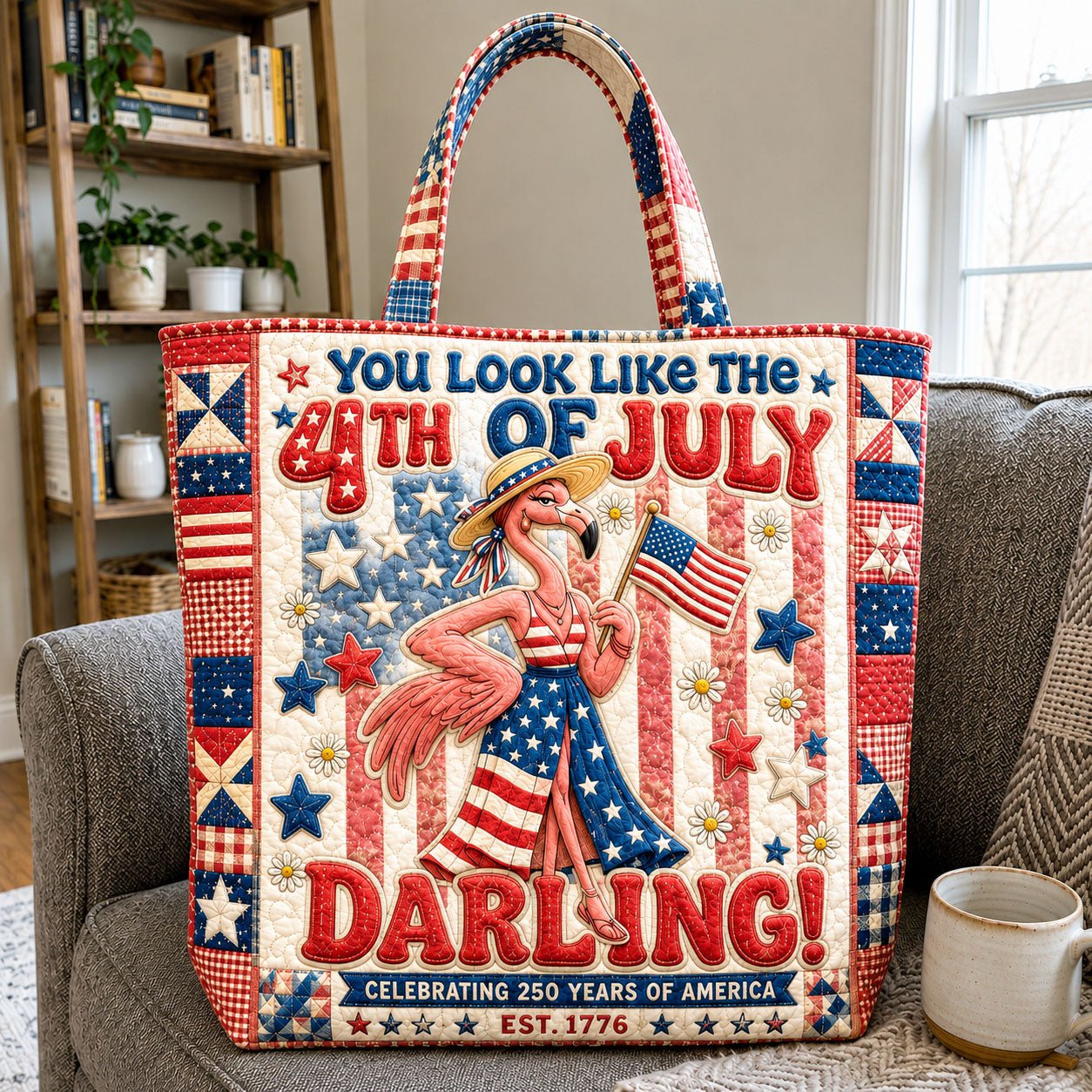 Fourth Of July Flamingo Quilted Tote
