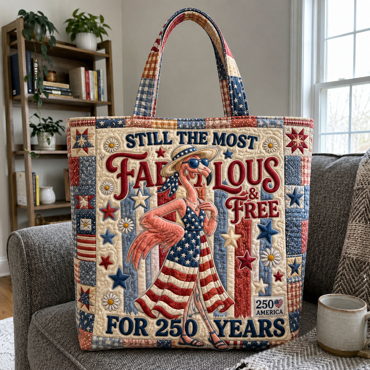 Patriotic Flamingo Stars Quilted Tote