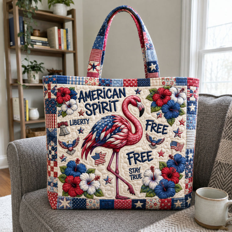 Flamingo American Flag Quilted Tote