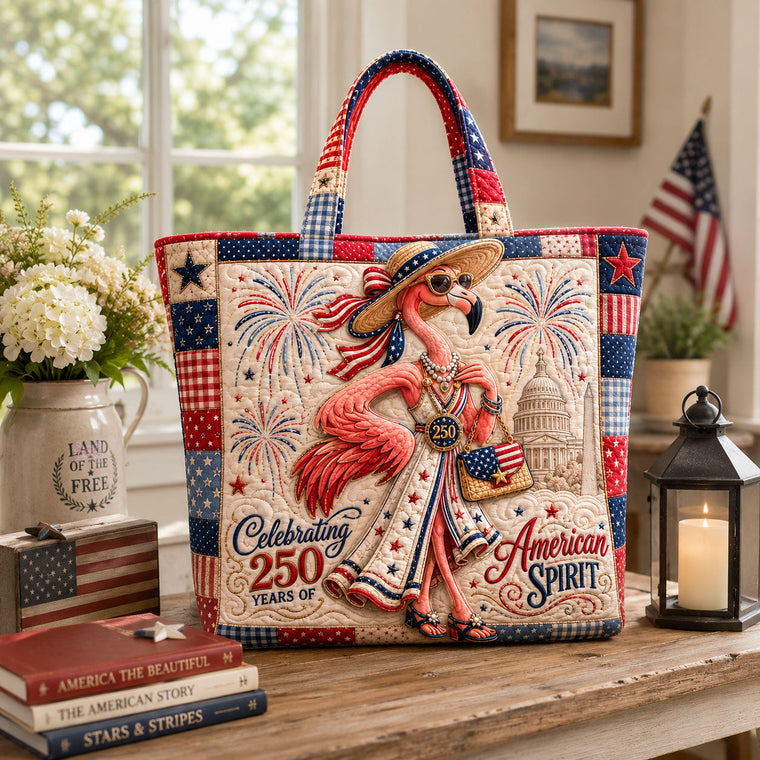 Patriotic Flamingo Fireworks Quilted Tote