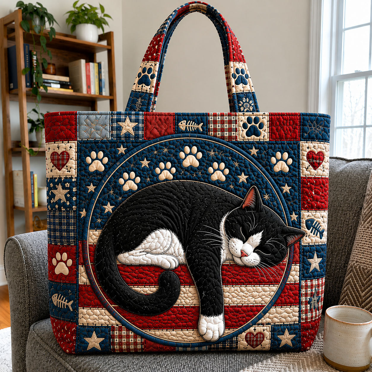Sleeping Black White Cat Quilted Tote