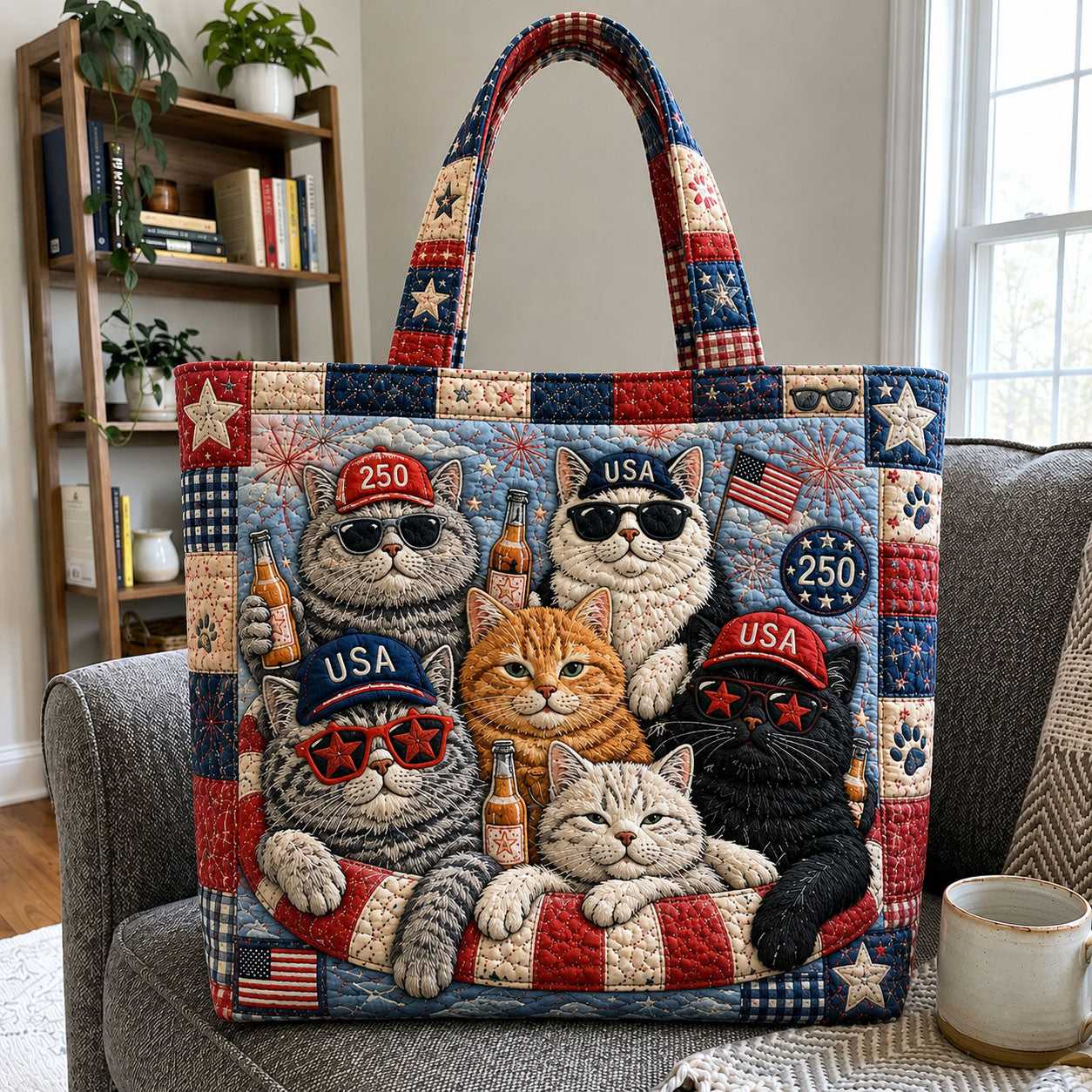 Patriotic Cat Quilted Tote Bag