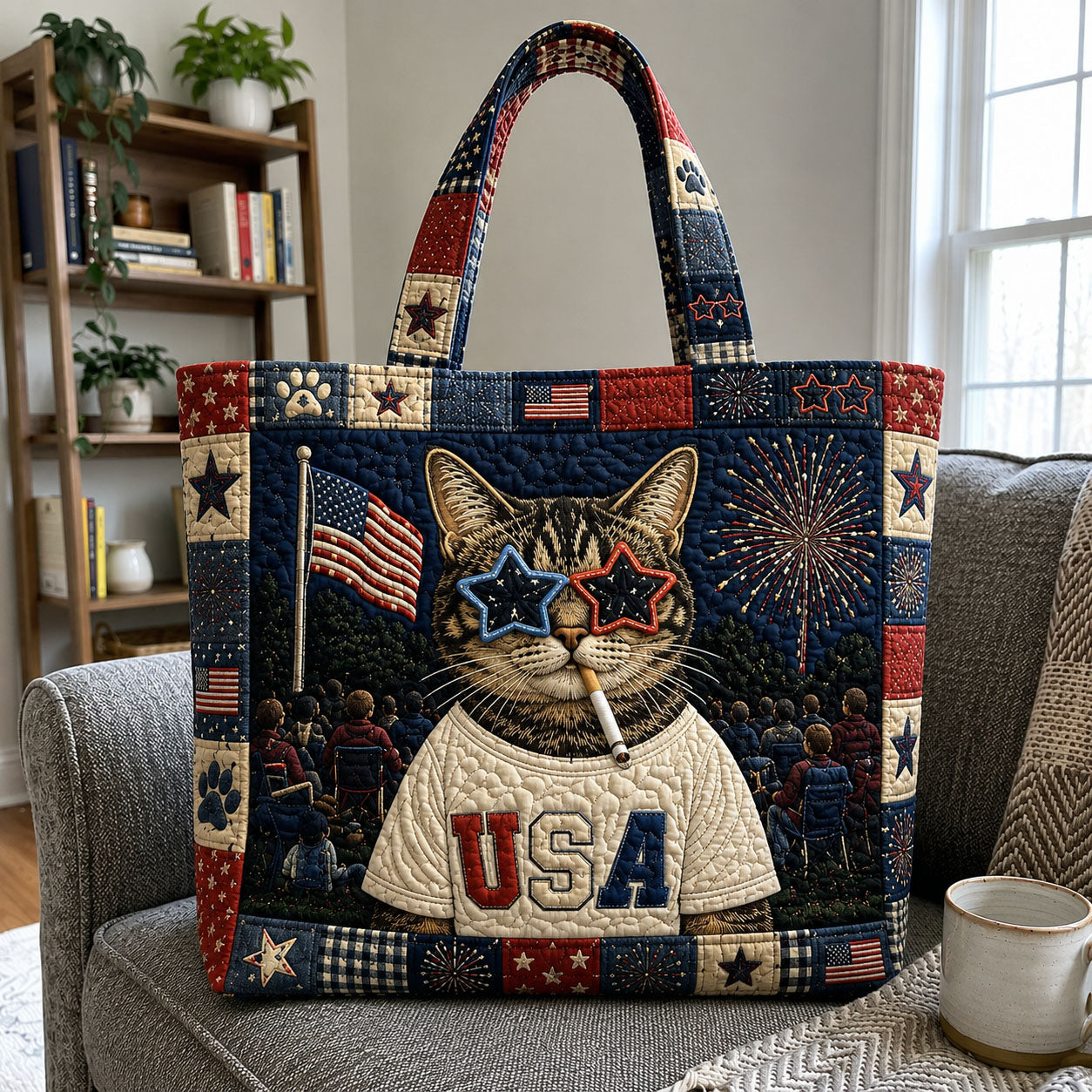 Cat American Flag Glasses Quilted Tote