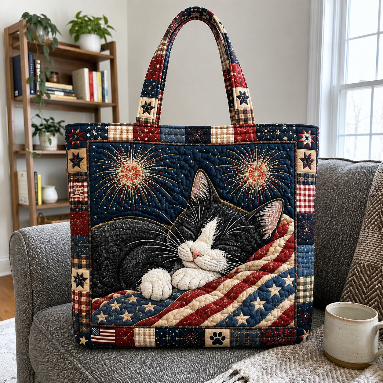 Sleeping Cat Fireworks Quilted Tote