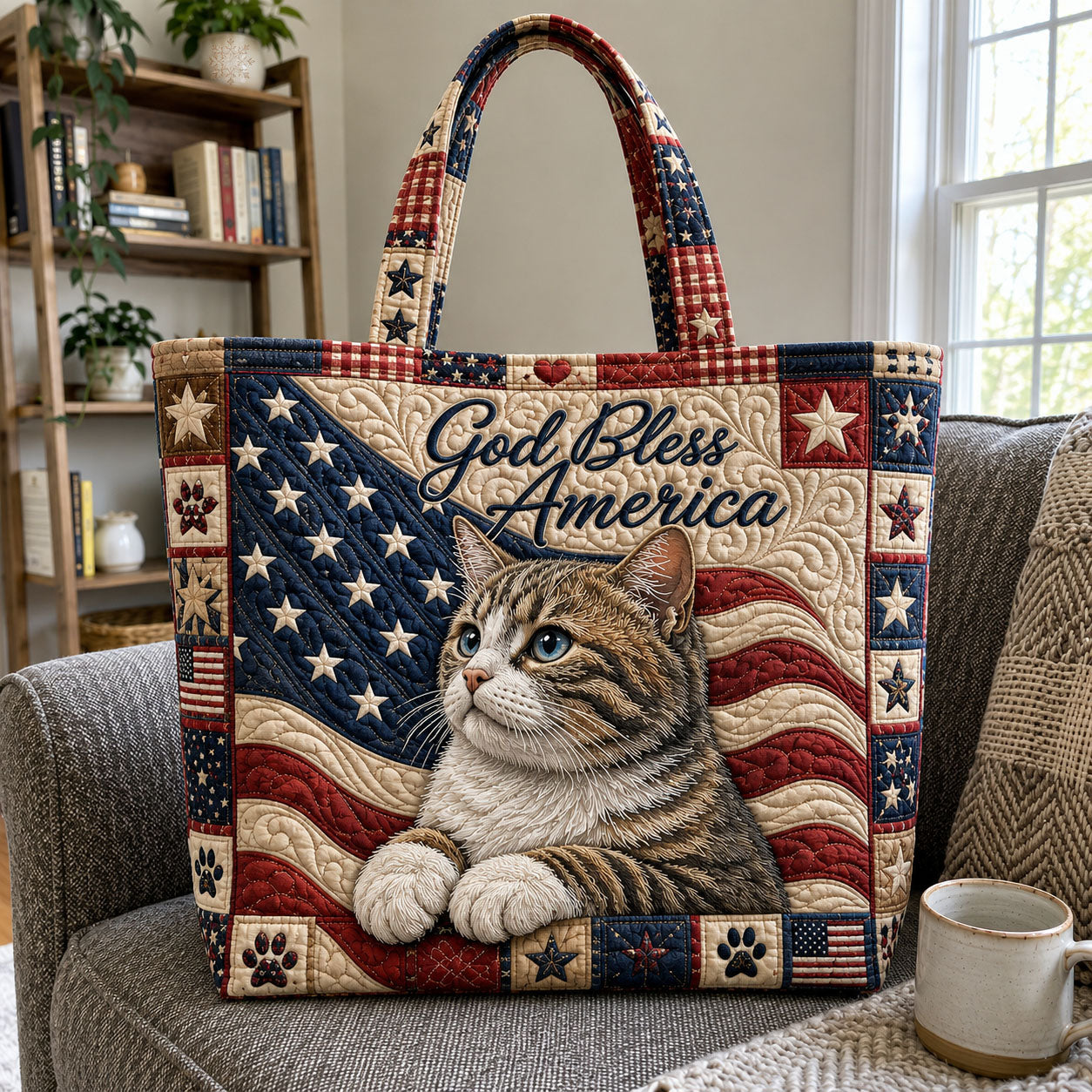 American Flag Cat Quilted Tote