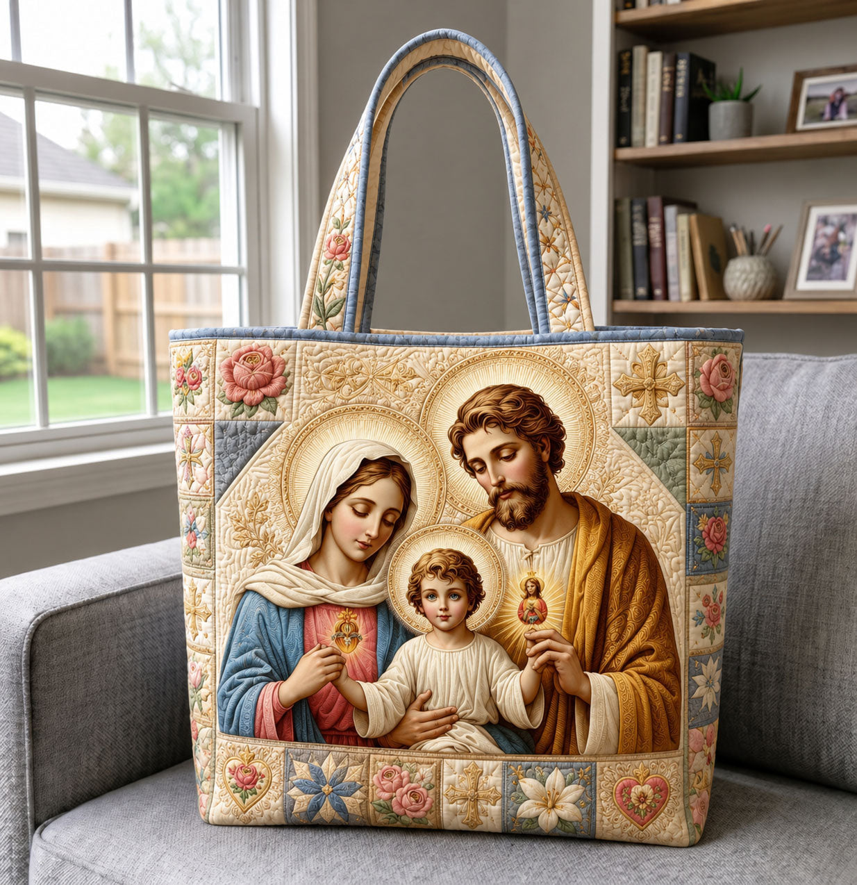 Holy Family Religious Artwork Quilted Tote